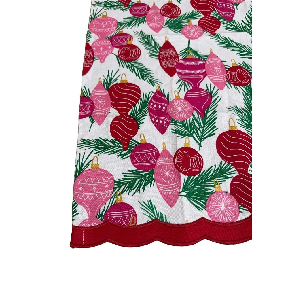 Mary Square Trim Tree Tea Towel Ornaments Pink & Red Shiny Bright 26”x18”